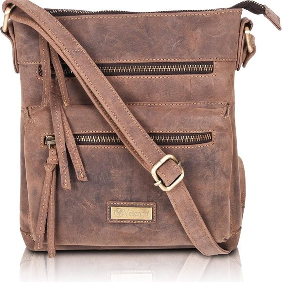 Other - Genuine Leather Crossbody Bag with front Metal Zipper Pockets and long handle -